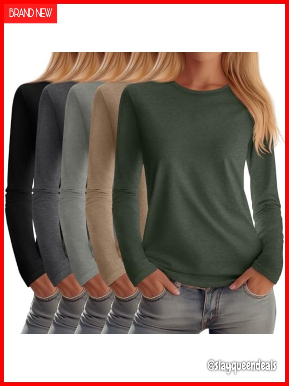 5 Pack Women's Crew Neck Long Sleeve Cotton Blend T-Shirts Regular Fit